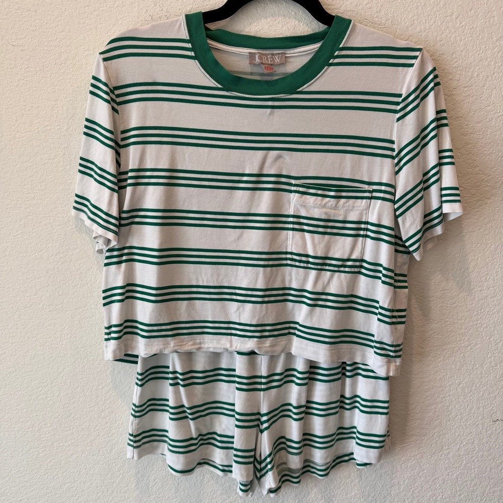 J.Crew Womens XS Green White Striped Pajama Set Short Sleeve Crop Top Shorts